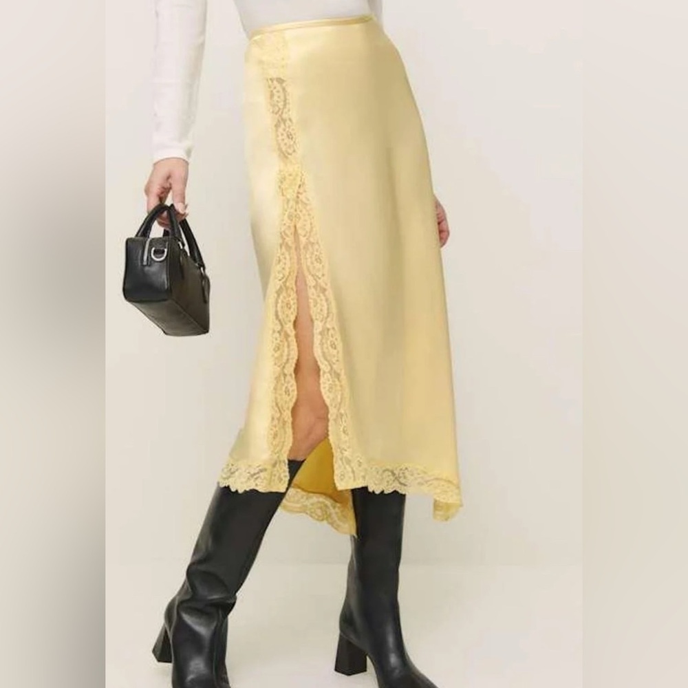 NWT Reformation Satin Lace Trim Midi Skirt | Bias-Cut Slip Skirt